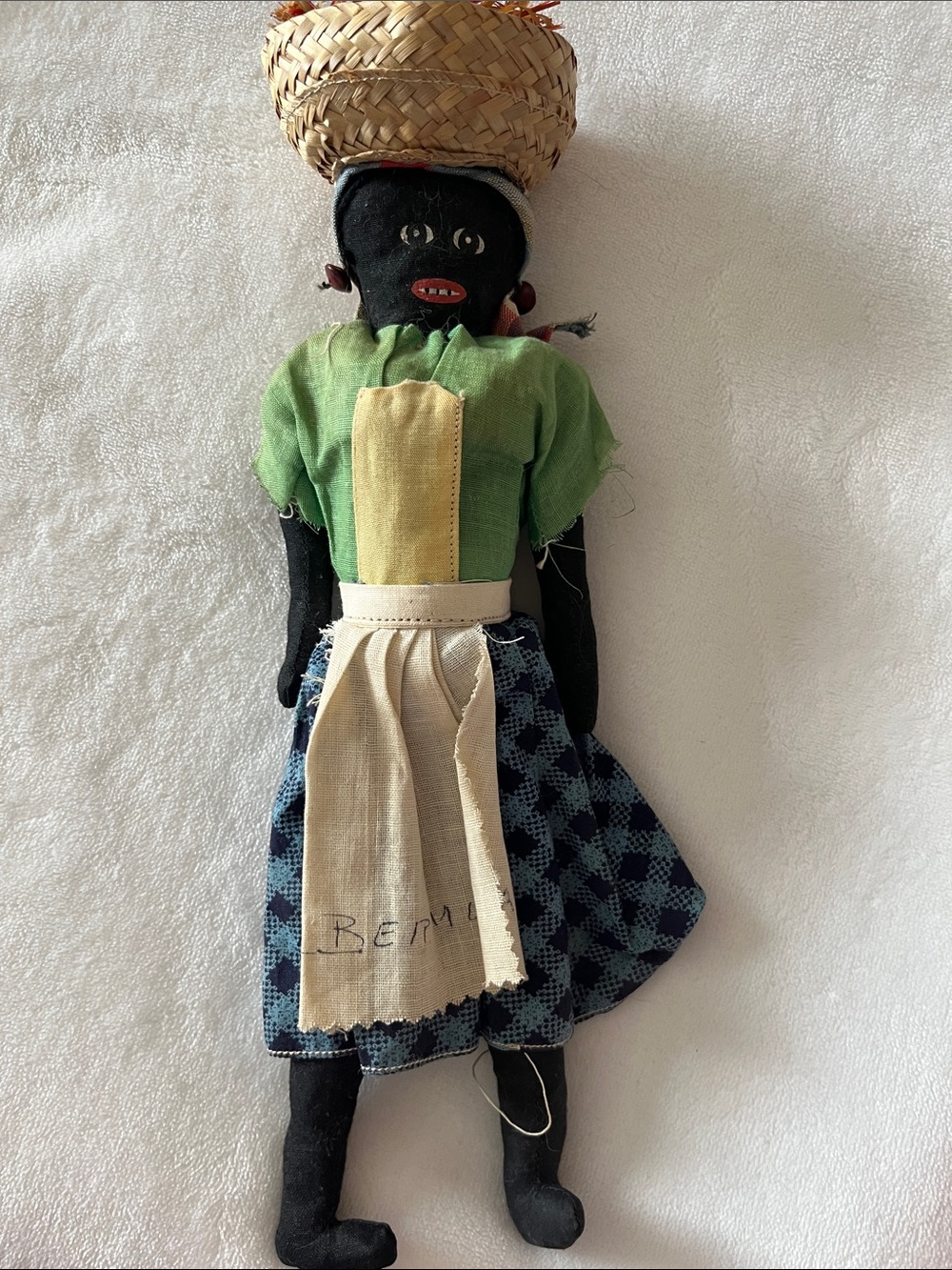 Vintage Bermuda Black Cloth Doll with Straw Hat and Patterned Skirt